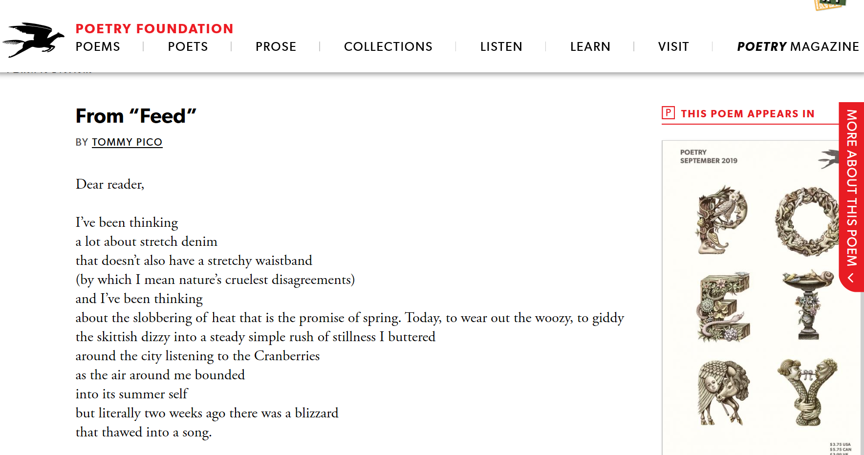 Screenshot of the preview of ‘Feed’ by Tommy Pico from the Poetry Foundation website