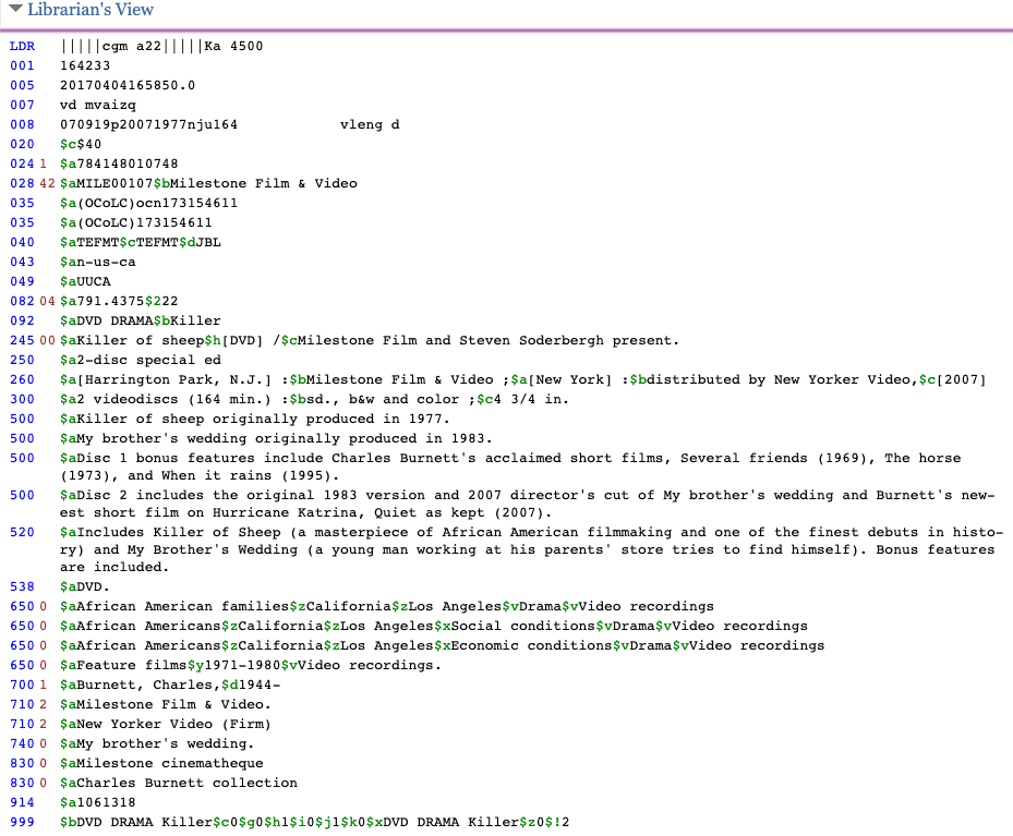 Screenshot of library’s MARC Record for Killer of Sheep, just because I’m weird and this is my site so I can