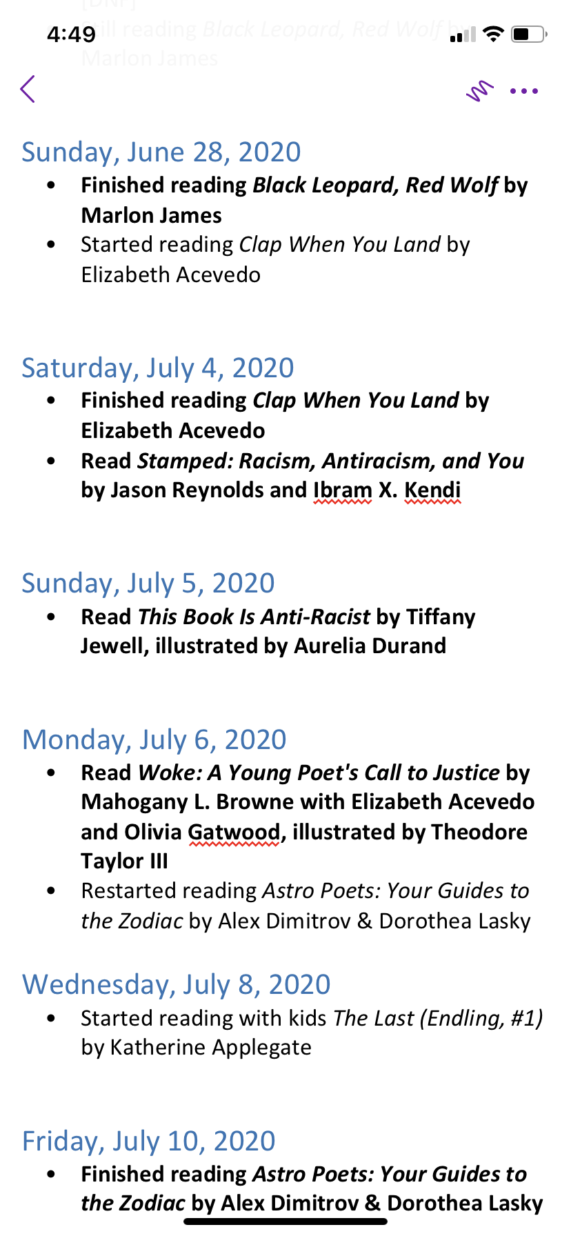 Screenshot of part of my June-July 2020 Reading Log