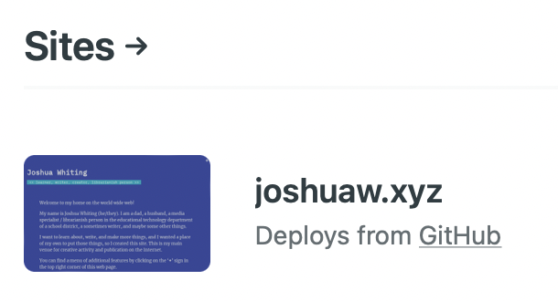 Screenshot of my website with updated domain joshuaw.xyz as listed in the Netlify management dashboard